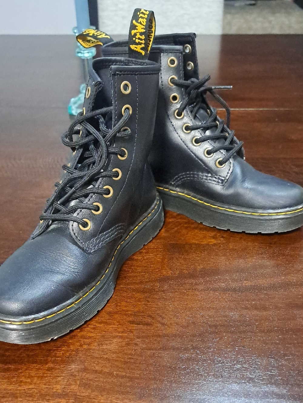 Dr. Martens Black Leather Lace-Up Boots with Yellow Stitching Size 5